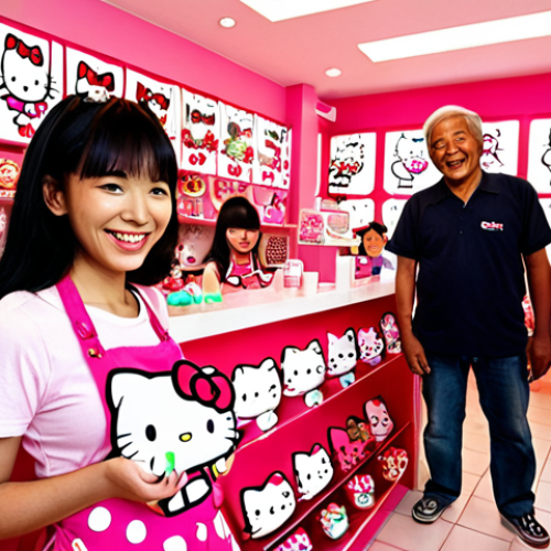 Home 4 **Prompt:** "A diverse group of people, young and old, from different cultures, smiling and interacting joyfully with Hello Kitty merchandise and displays in a vibrant, 'kawaii'-themed Hello Kitty cafe. The scene should emphasize the universal appeal and positivity associated with Hello Kitty."