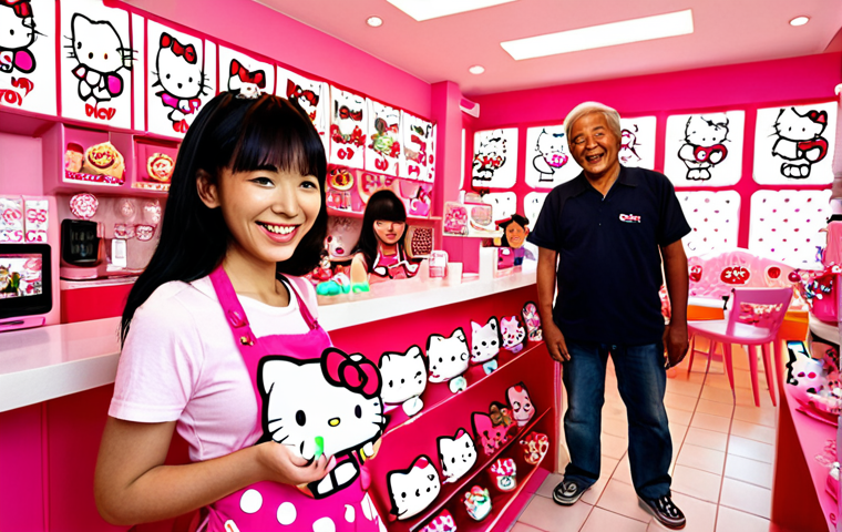**Prompt:** "A diverse group of people, young and old, from different cultures, smiling and interacting joyfully with Hello Kitty merchandise and displays in a vibrant, 'kawaii'-themed Hello Kitty cafe. The scene should emphasize the universal appeal and positivity associated with Hello Kitty."